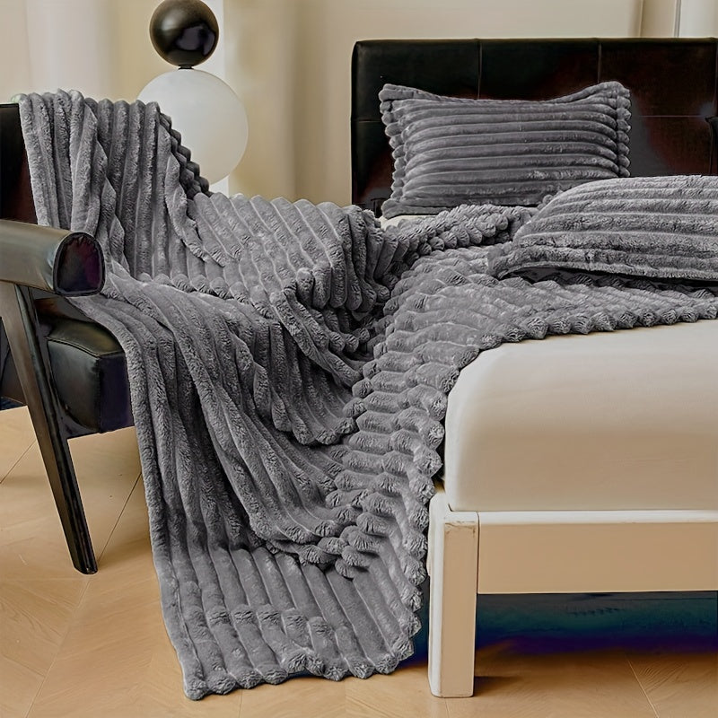 Plaid en maille côtelée avec taie d’oreiller assortie - Doux, chaud et épais pour un confort optimal dans la chambre - Design à rayures grises.