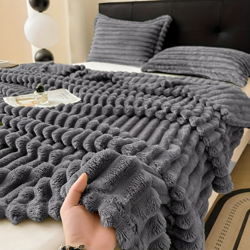 Plaid en maille côtelée avec taie d’oreiller assortie - Doux, chaud et épais pour un confort optimal dans la chambre - Design à rayures grises.