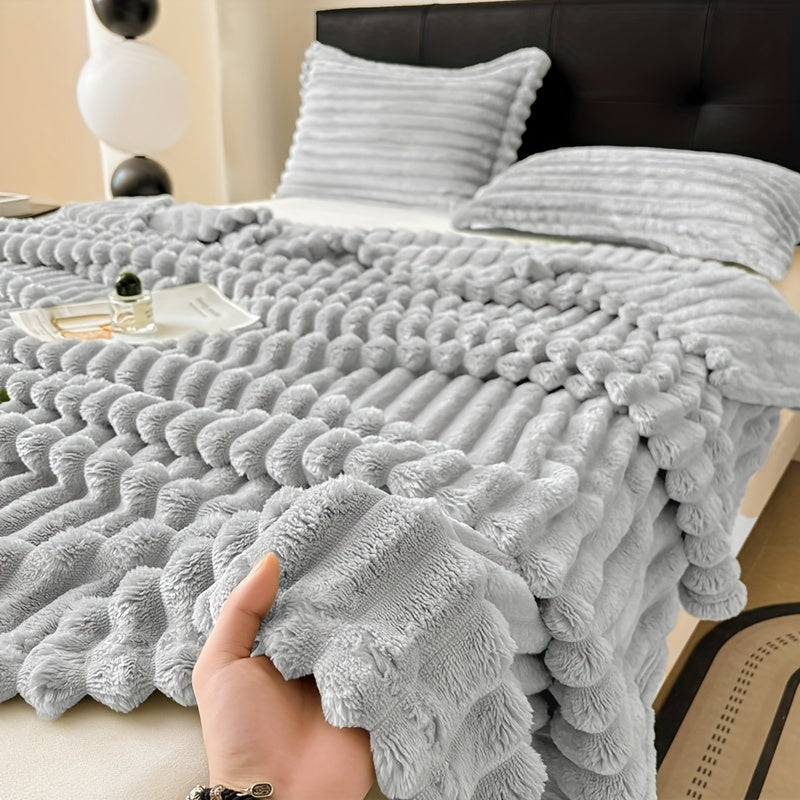 Plaid en maille côtelée avec taie d’oreiller assortie - Doux, chaud et épais pour un confort optimal dans la chambre - Design à rayures grises.