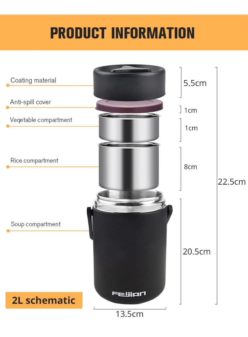 Boîte à déjeuner en acier inoxydable, pots alimentaires à 3 niveaux, contenants alimentaires portables grande capacité